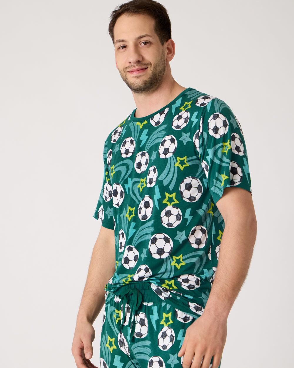 Man wearing the Soccer Stars Men's Short Sleeve Pajama Top