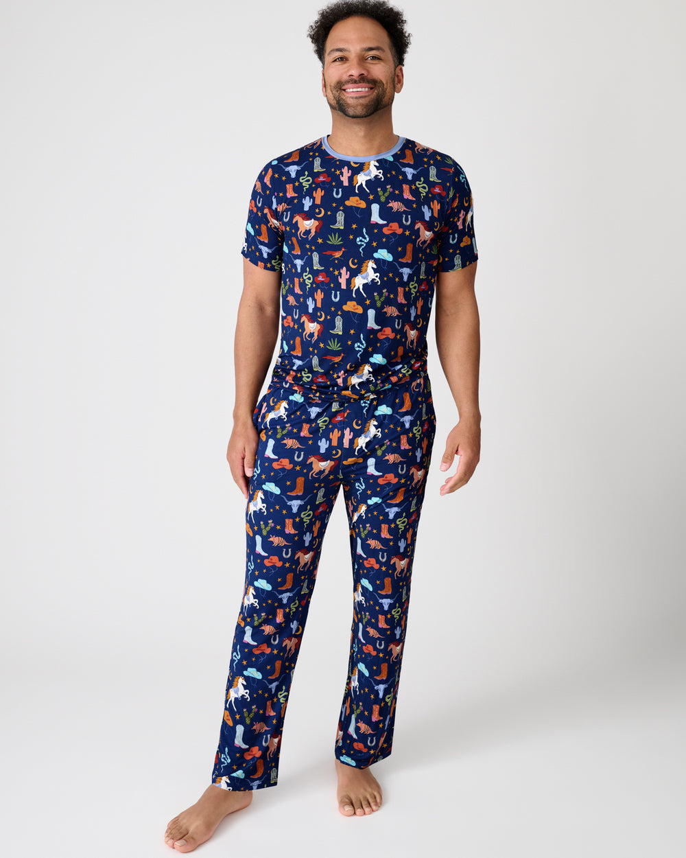 Man wearing the Blue Rancher Roundup Men's Short Sleeve Pajama Top and Pants