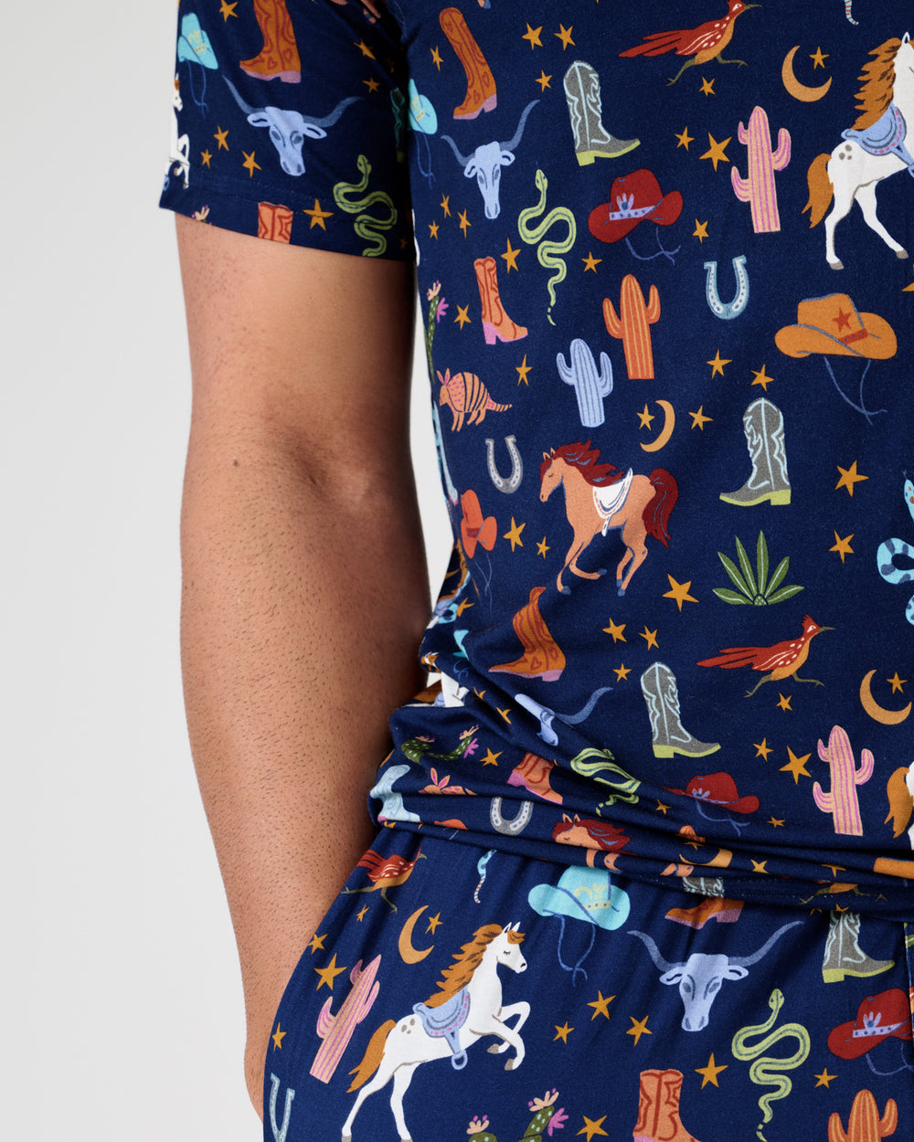Close up of man wearing the Blue Rancher Roundup Men's Short Sleeve Pajama Top