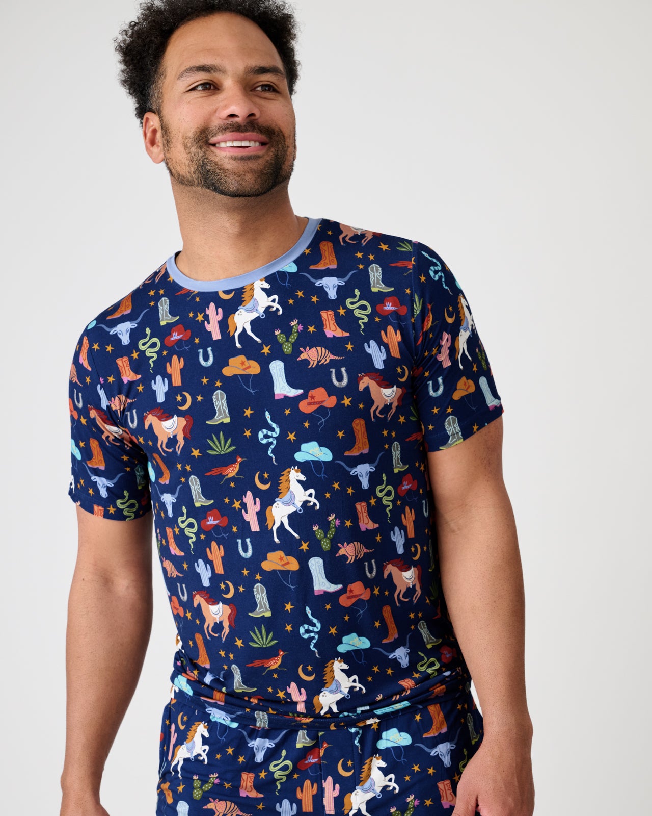 Man wearing the Blue Rancher Roundup Men's Short Sleeve Pajama Top
