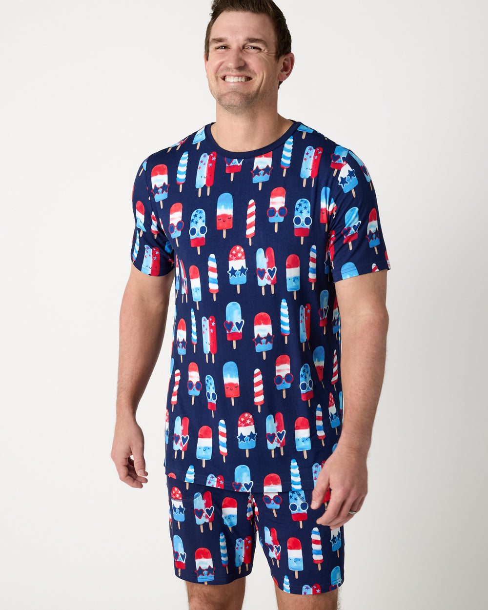 Close up of man wearing the Sparkle Treats Shorts and Men's Short Sleeve Pajama Top 