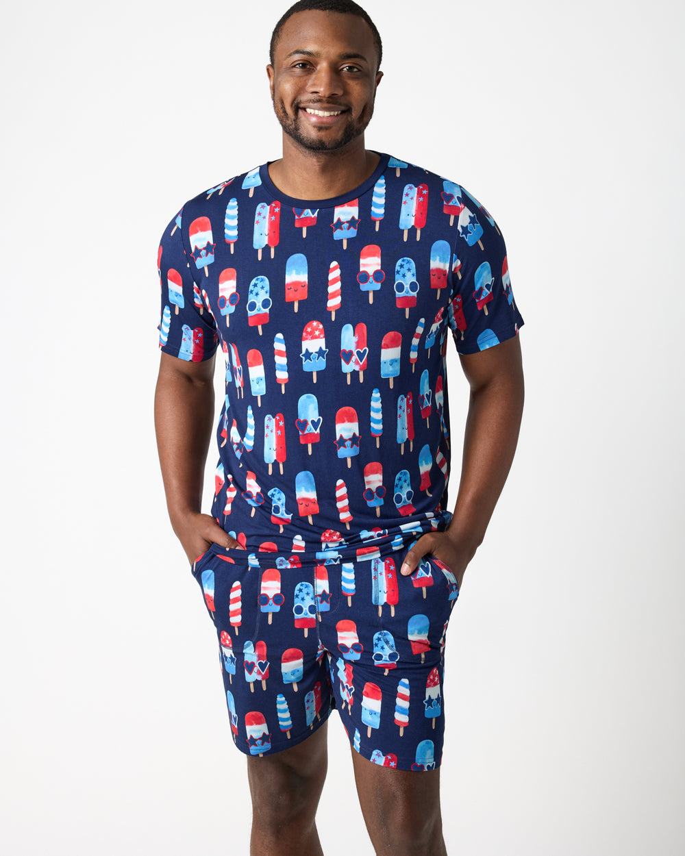 Close up of man wearing the Sparkle Treats Men's Short Sleeve Pajama Top and Shorts