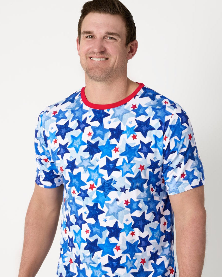 Front view of man wearing the Starry Splash Men's Shorts and Short Sleeve Pajama Top