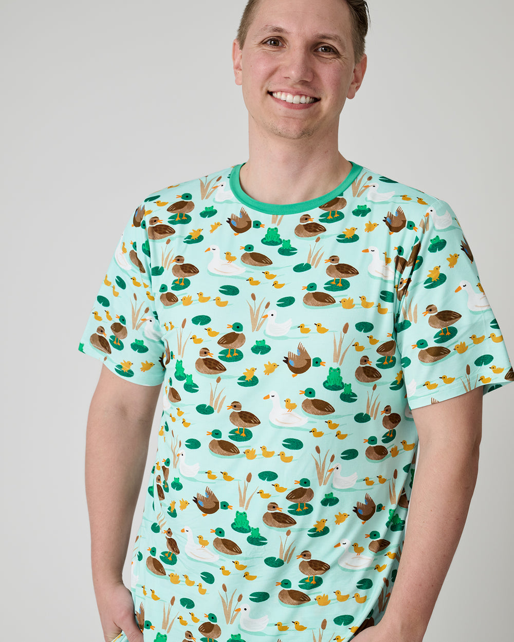 Man wearing the Puddle Jumpers Men's Short Sleeve Pajama Top