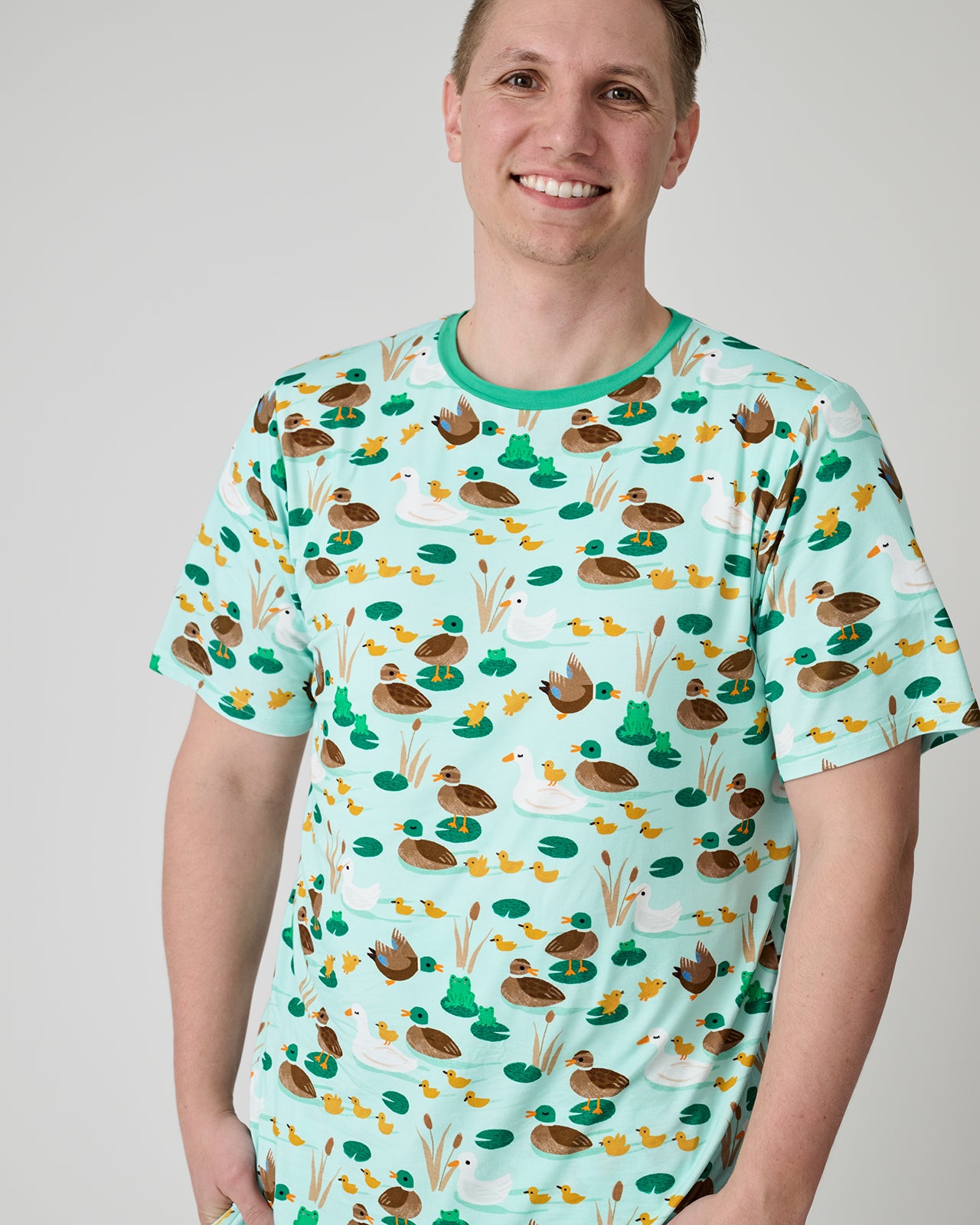 Man wearing the Puddle Jumpers Men's Short Sleeve Pajama Top