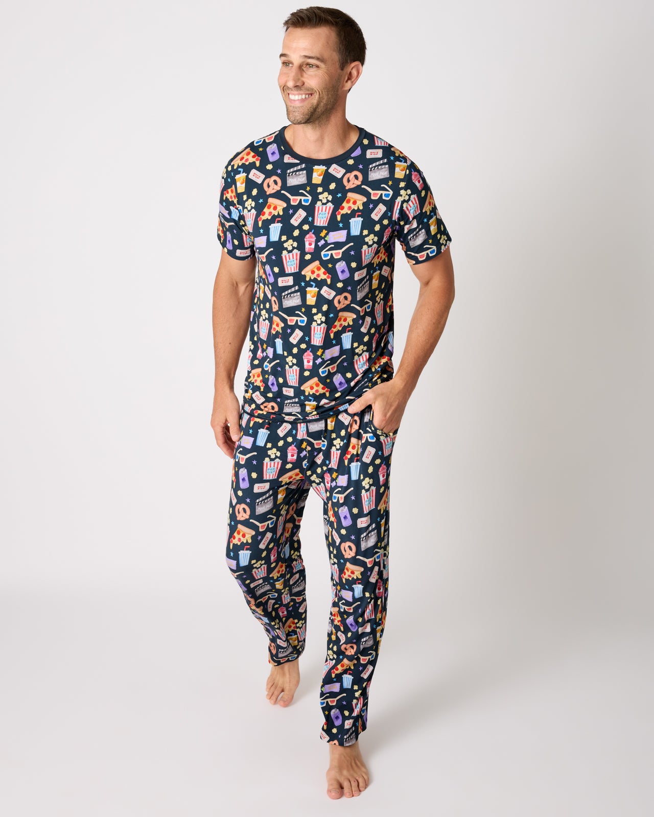 Man wearing the Movie Marathon Men's Pajama Pants and Top