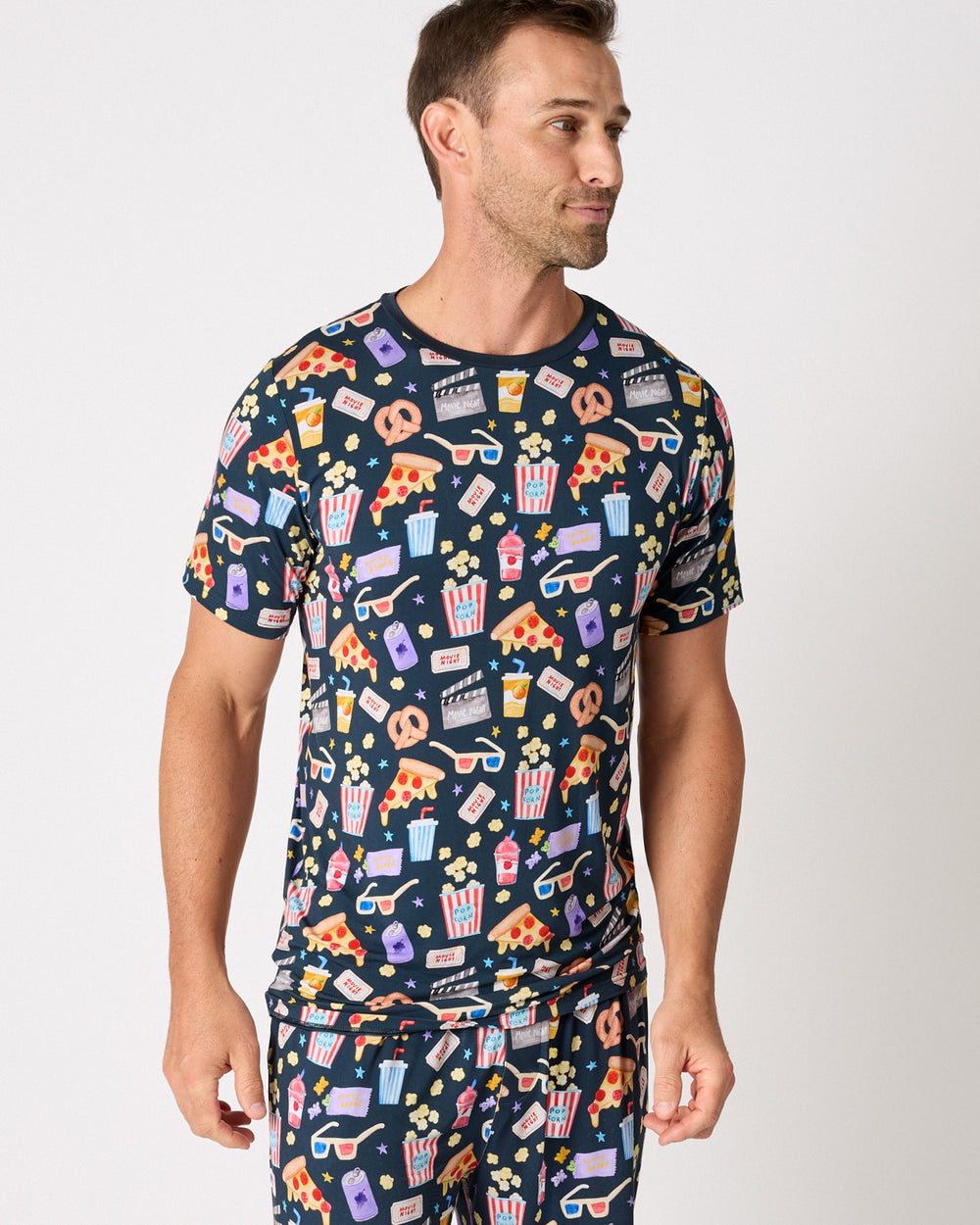 Man wearing the Movie Marathon Men's Short Sleeve Pajama Top