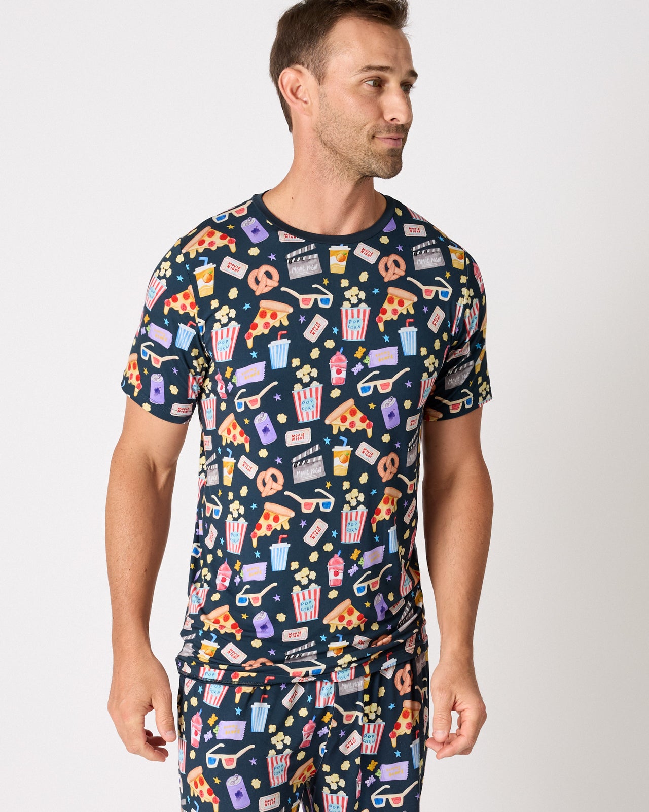 Man wearing the Movie Marathon Men's Short Sleeve Pajama Top