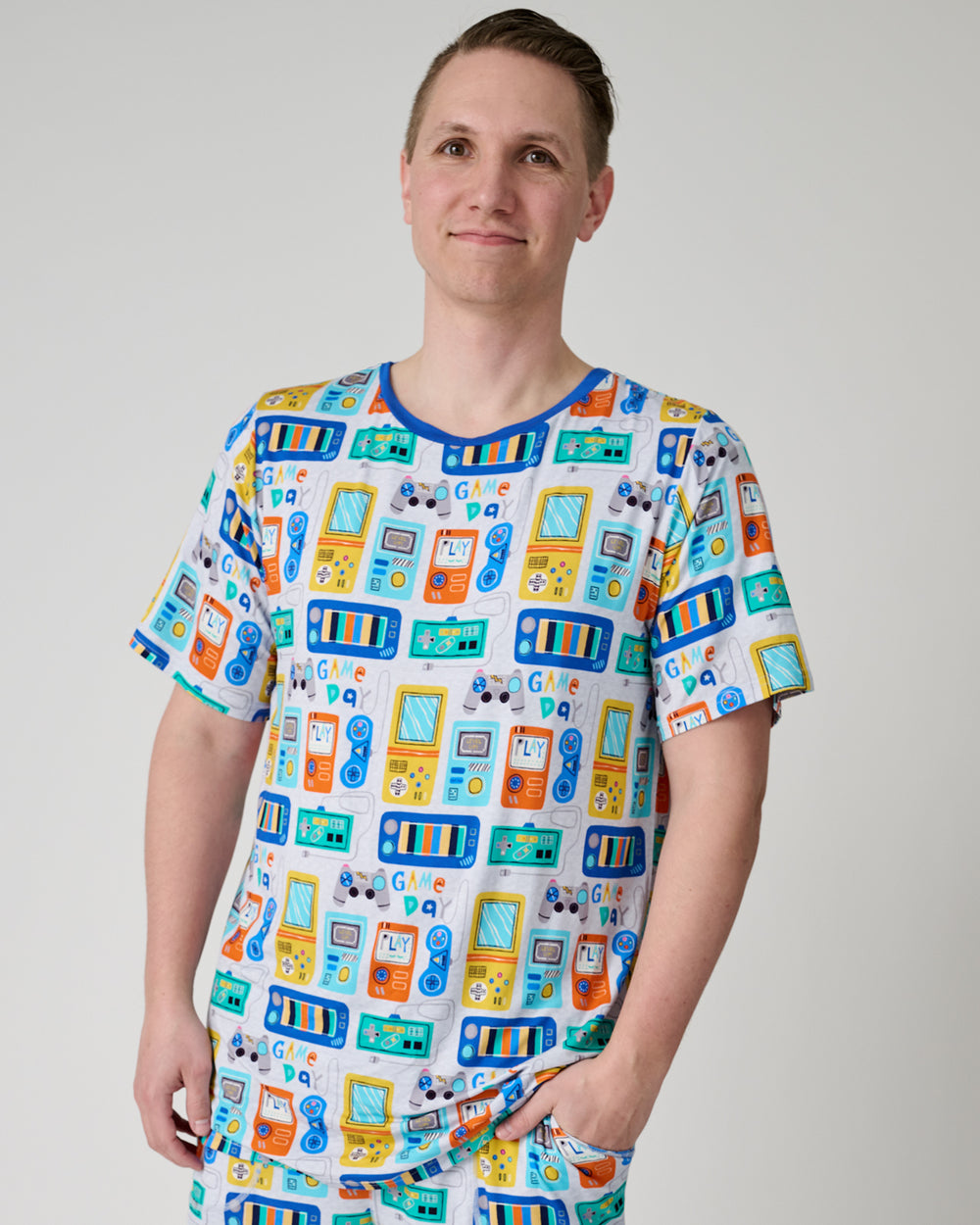 Close up of man wearing the Game On Men's Short Sleeve Pajama Top