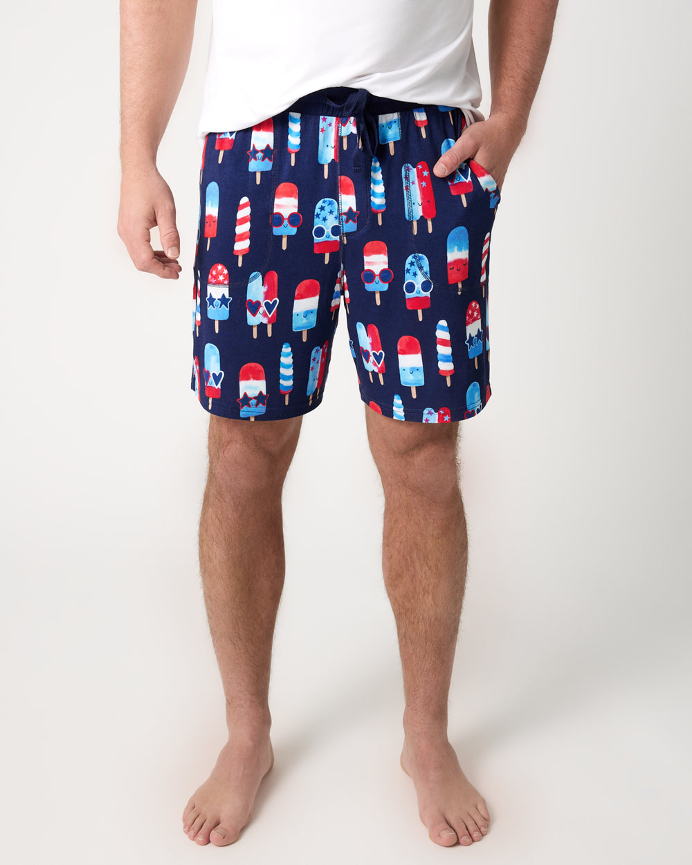 Close up of man wearing the Sparkle Treats Men's Pajama Shorts