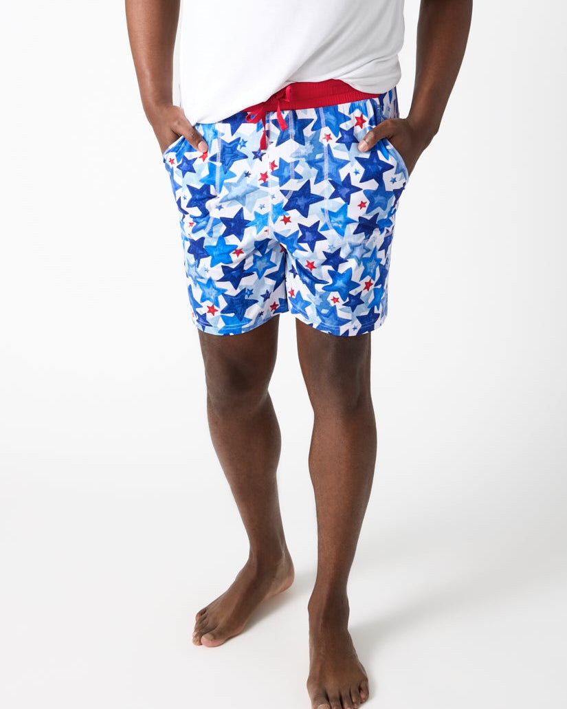 Alternate man wearing the Starry Splash Men's Pajama Shorts with a white pajama top