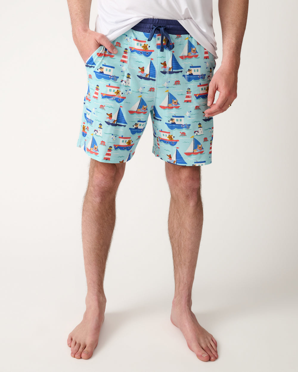 Front view of man wearing the Nautical Paws Men's Pajama Shorts