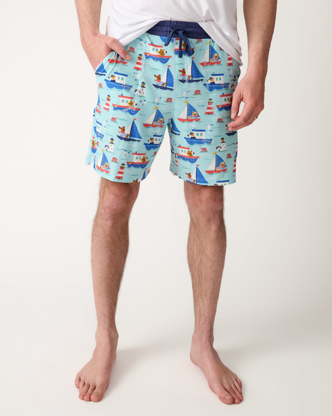 Front view of man wearing the Nautical Paws Men's Pajama Shorts