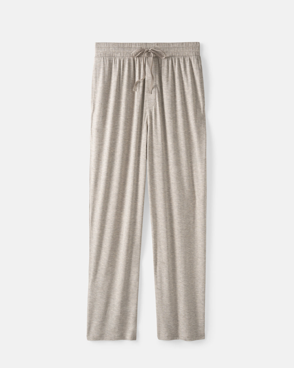 A pair of men's lounge pants in a light heathered beige fabric, featuring an elastic waistband with a matching drawstring, shown against a plain light gray background.