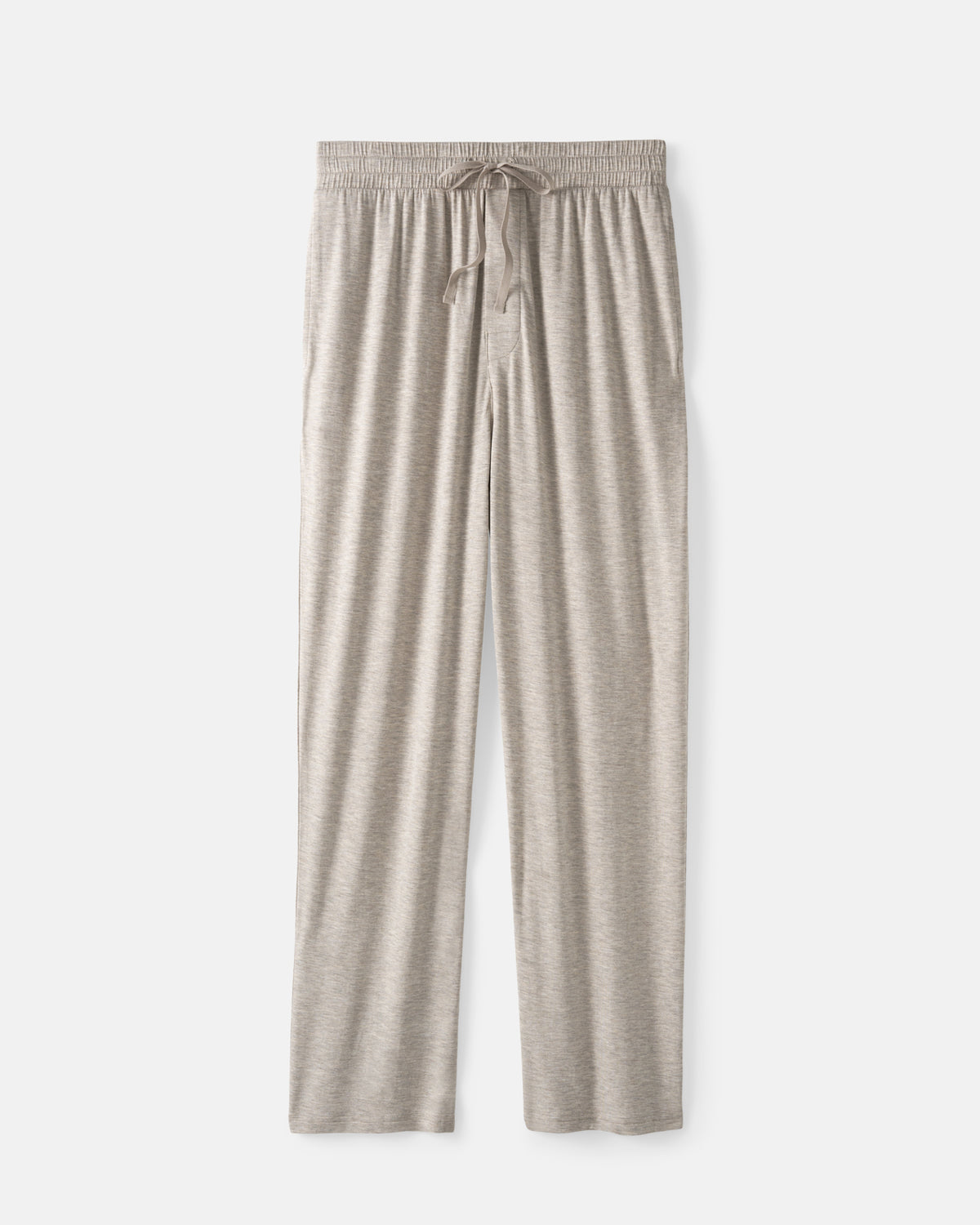 A pair of men's lounge pants in a light heathered beige fabric, featuring an elastic waistband with a matching drawstring, shown against a plain light gray background.