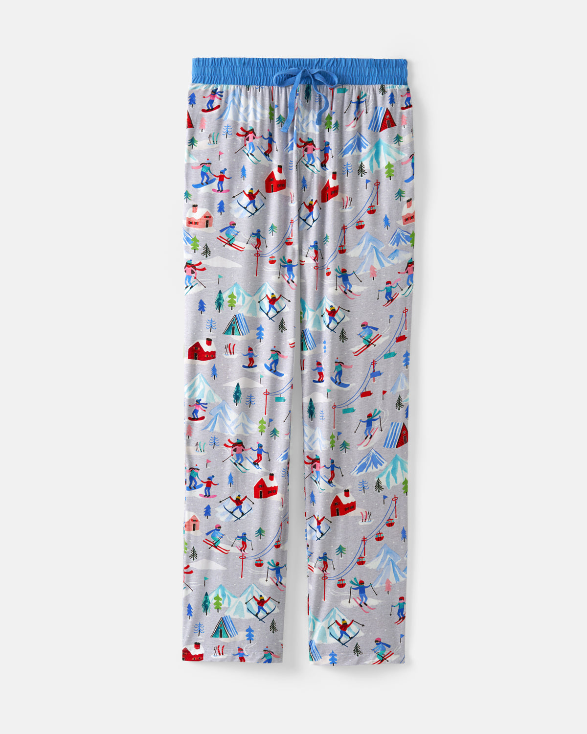 A pair of children's lounge pants with a light gray background and a colorful allover ski resort print, featuring a blue elastic waistband and drawstring.