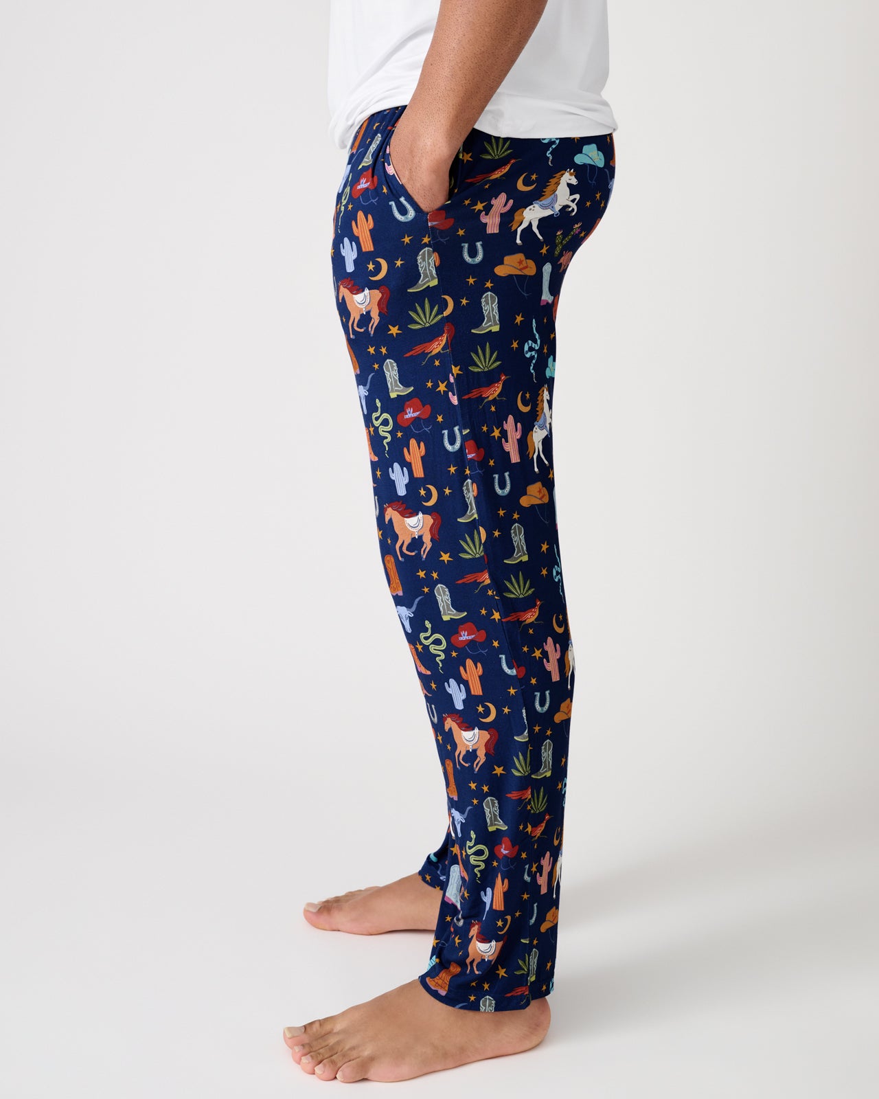 Side view of man wearing the Blue Rancher Roundup Men's Pajama Pants