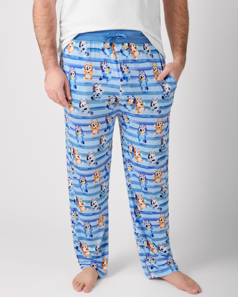 Close up of man wearing the Bluey Dance All Day Men's Pajama Pants