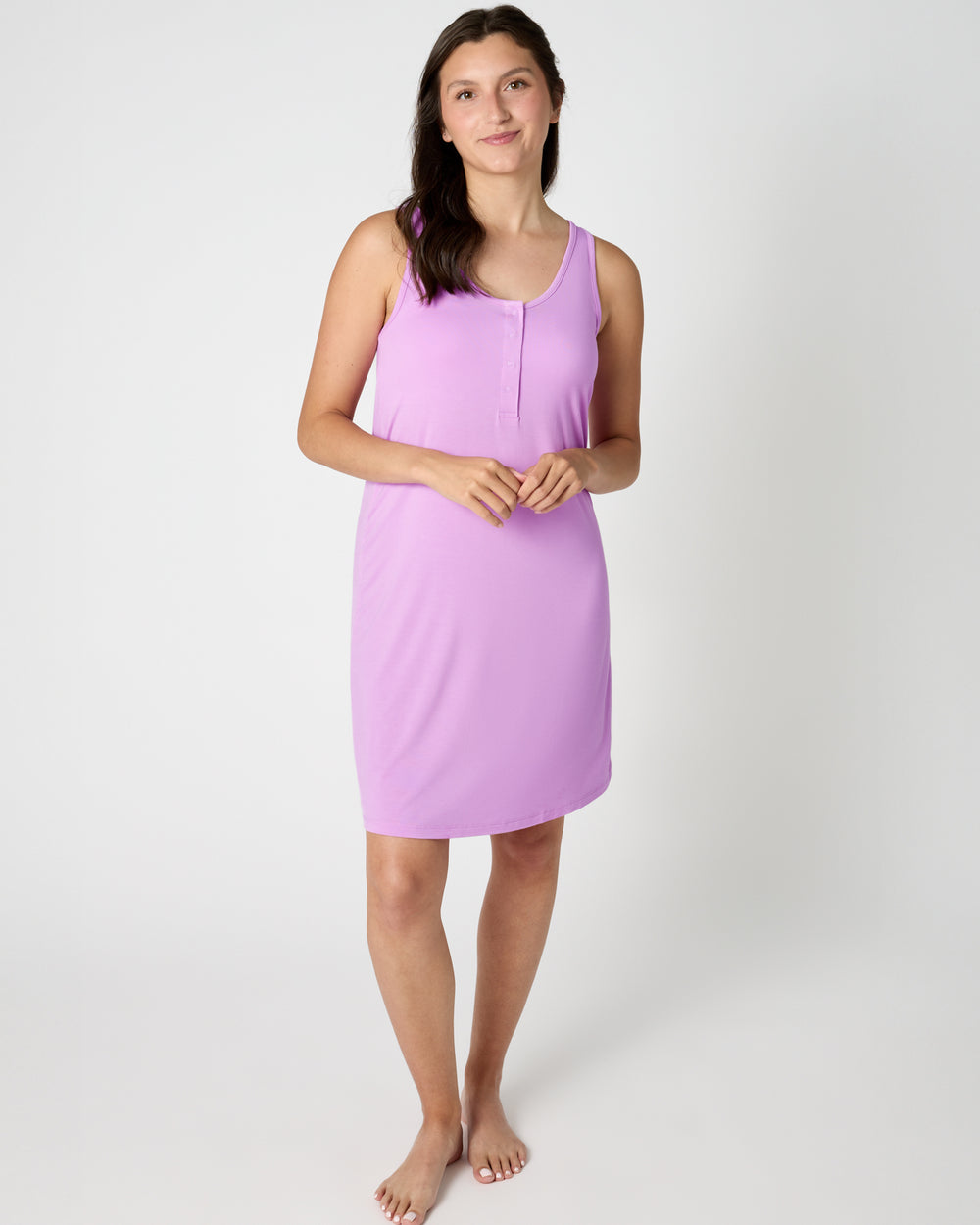 Woman wearing the Soft Wisteria Women's Sleeveless Nightgown