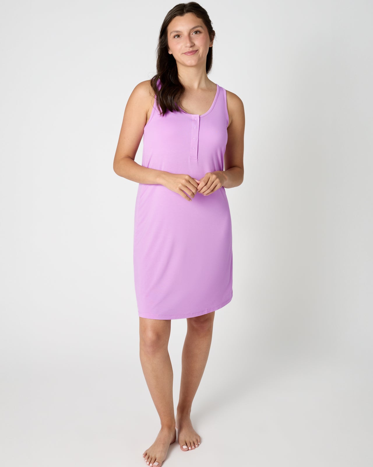 Woman wearing the Soft Wisteria Women's Sleeveless Nightgown