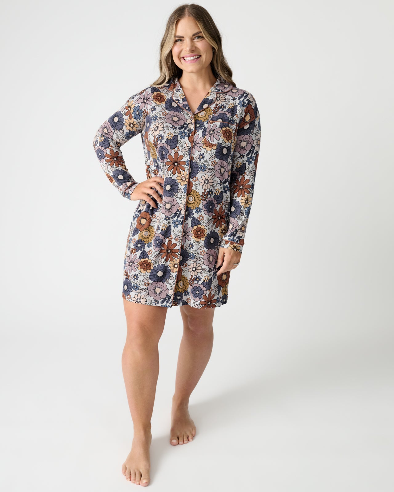 Standing woman wearing the Wildwood Floral Women's Sleep Shirt