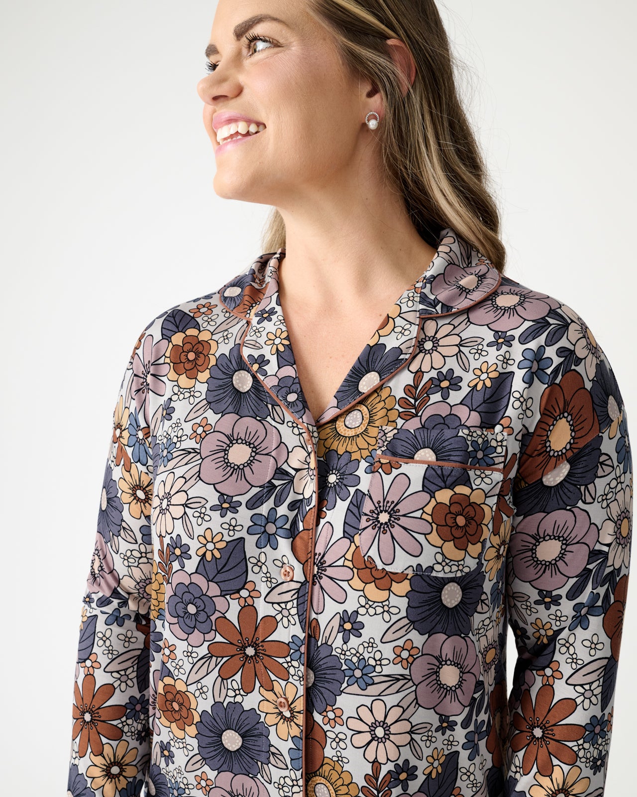 Close up of woman wearing the Wildwood Floral Women's Sleep Shirt