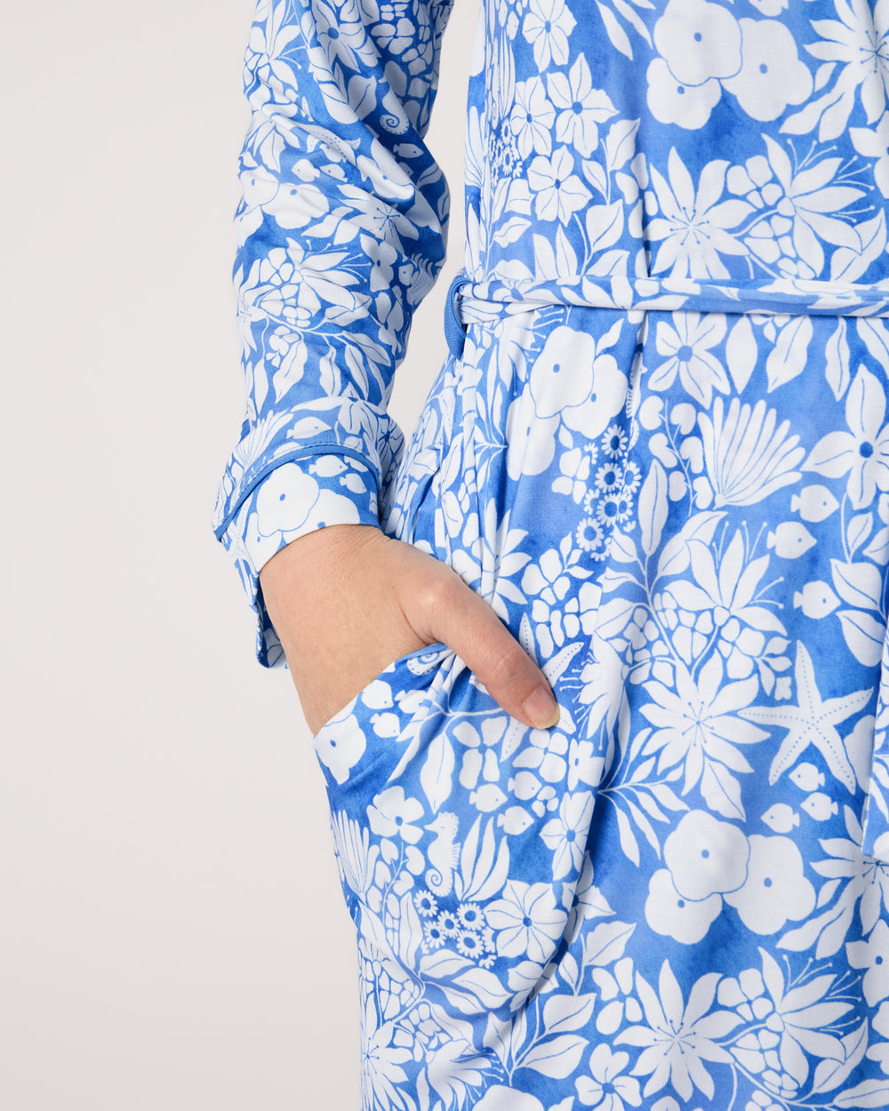 Close up of the pocket detail on the Azure Garden Women's Robe