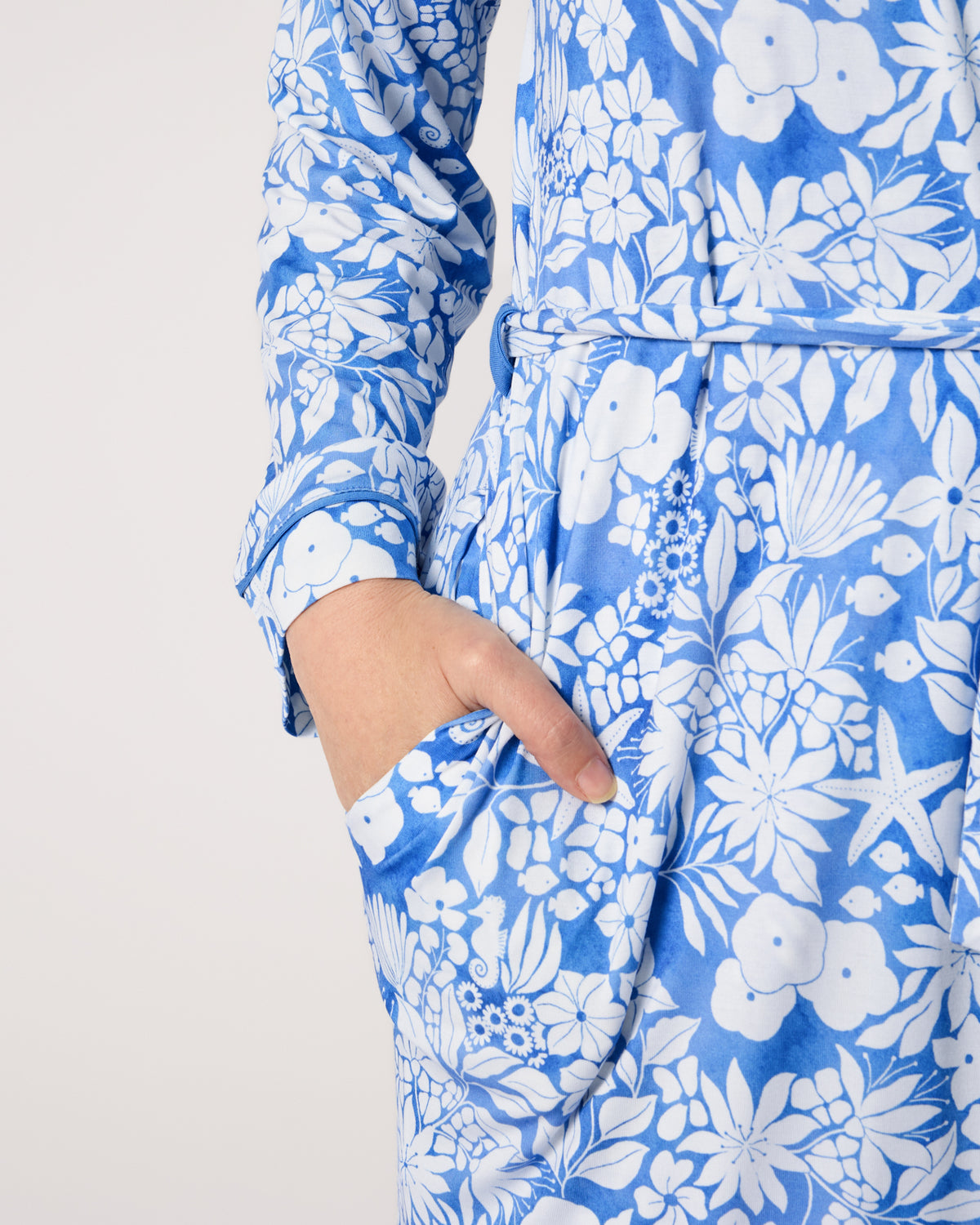 Close up of the pocket detail on the Azure Garden Women's Robe