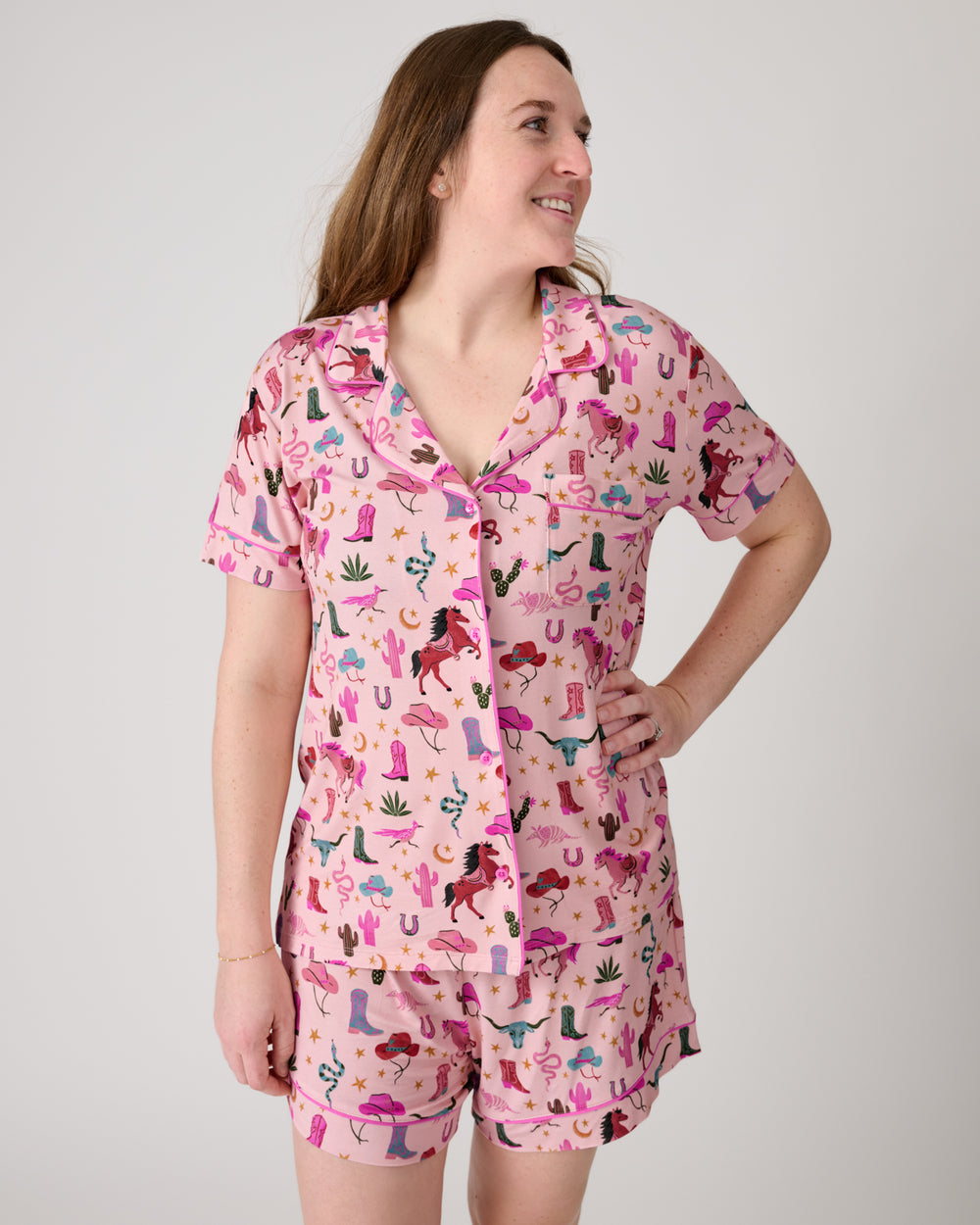 Front view of woman wearing the Pink Rancher Roundup Women's Short Sleeve & Shorts Pajama Set