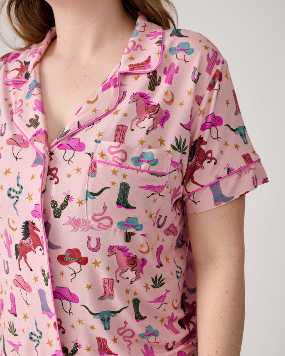 Close up of the pocket detail on the Pink Rancher Roundup Women's Short Sleeve & Shorts Pajama Set