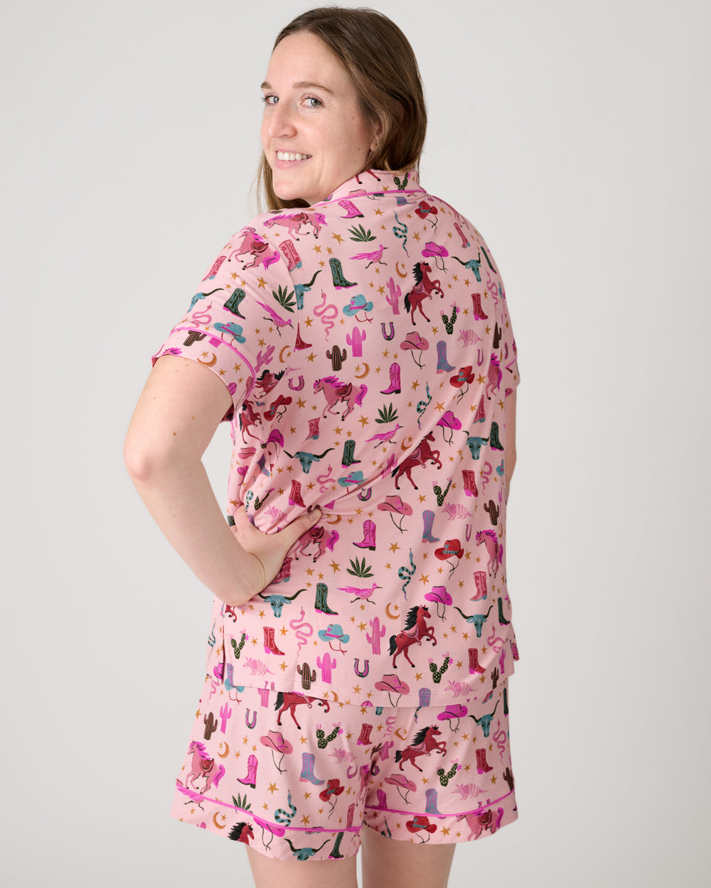 Back view of woman wearing the Pink Rancher Roundup Women's Short Sleeve & Shorts Pajama Set