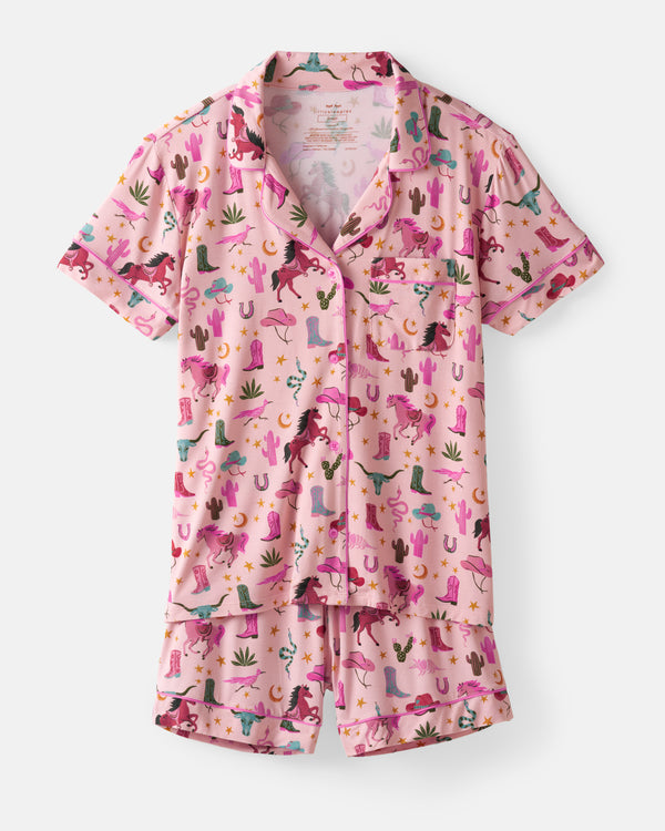 Flat lay of the Pink Rancher Roundup Women's Short Sleeve & Shorts Pajama Set