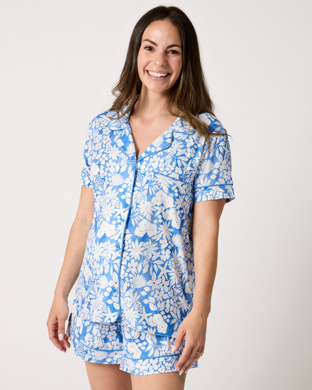 Woman wearing the Azure Garden Women's Pajama Set