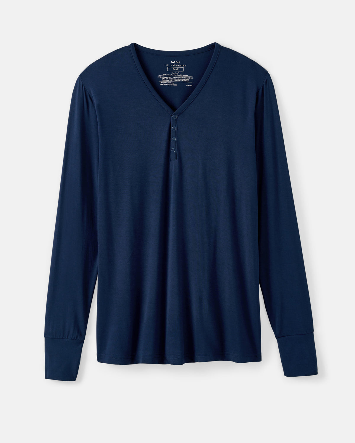 A navy blue long-sleeve henley shirt with a buttoned placket, displayed flat against a light gray background.