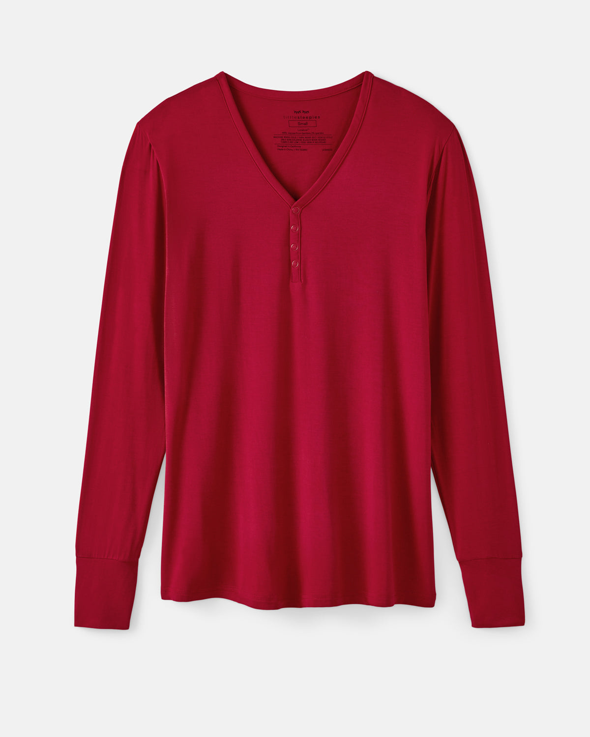 A long-sleeve V-neck henley shirt in a deep red color, displayed flat against a light gray background.