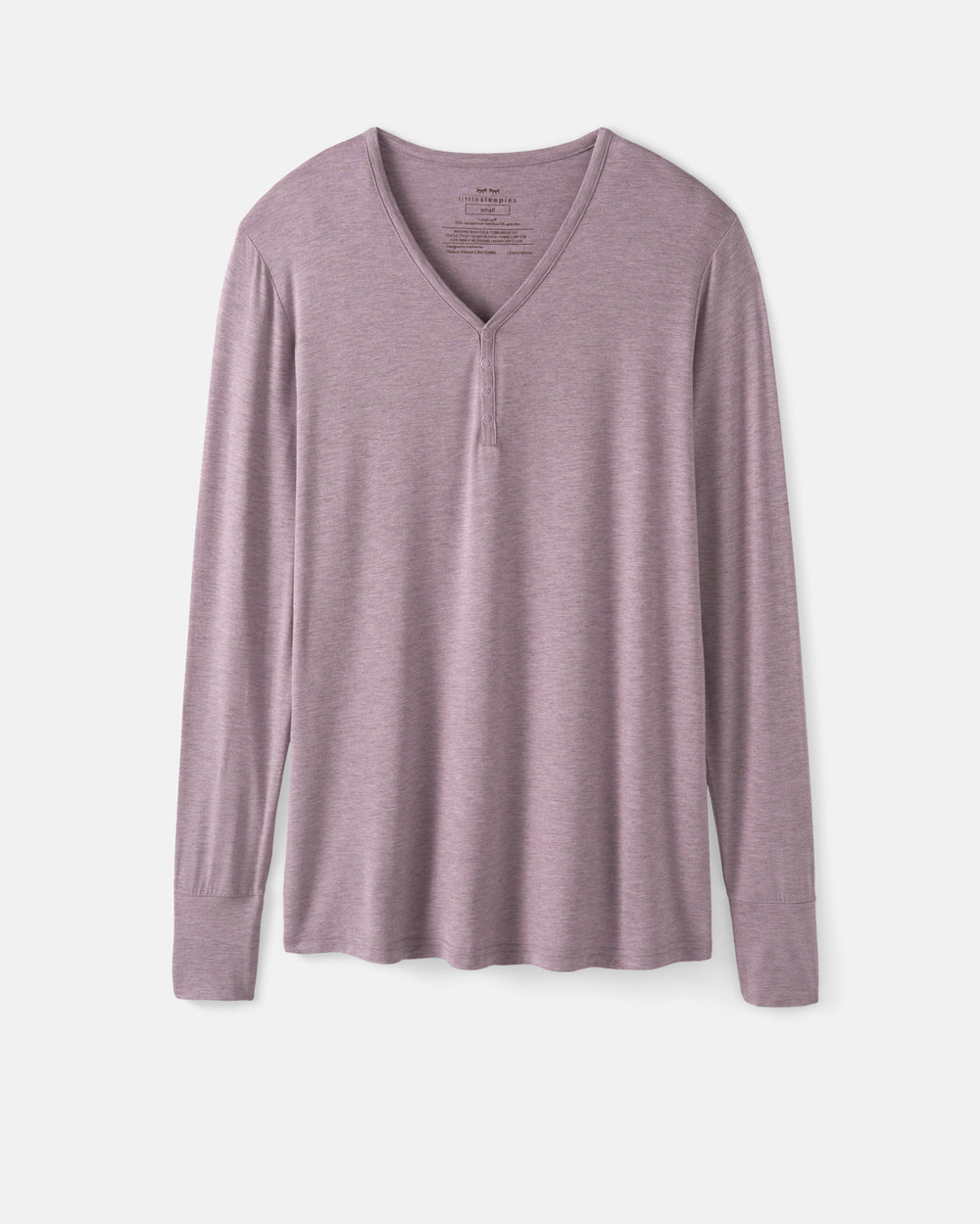 A long-sleeve V-neck henley shirt in a dusty mauve or lavender-pink color, displayed flat against a light gray background.