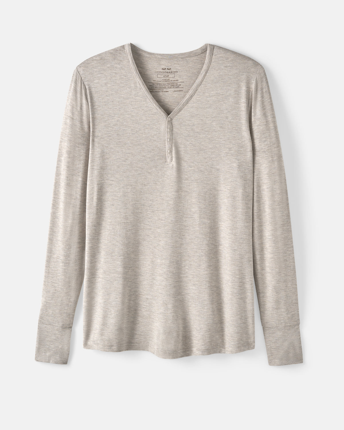 A light beige long-sleeve henley shirt with a V-neck and three-button placket, displayed flat against a light gray background.