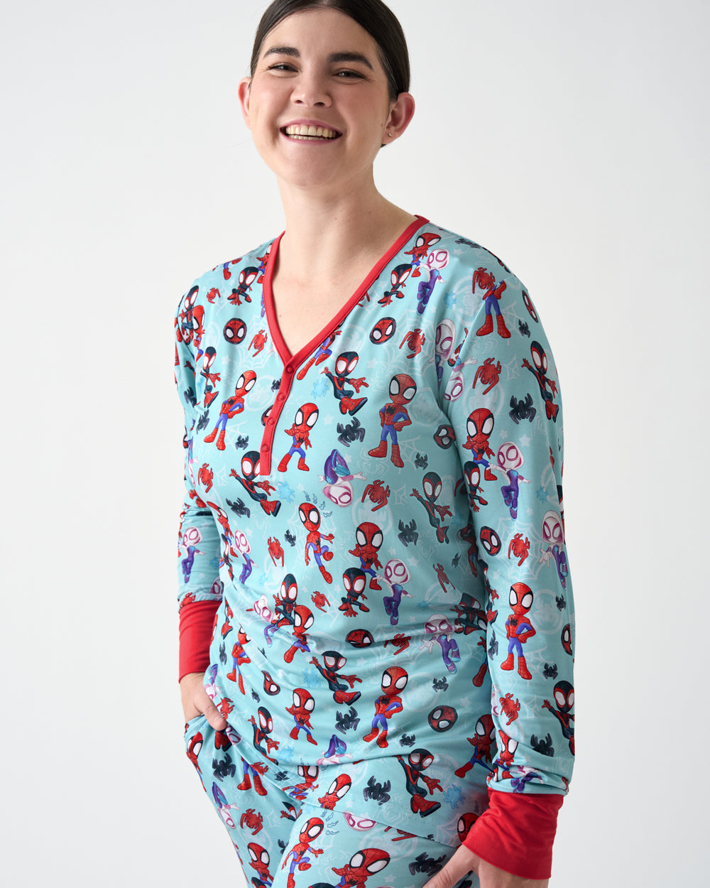 Woman wearing the Spidey & Friends Tiny Webs Women's Long Sleeve Pajama Top