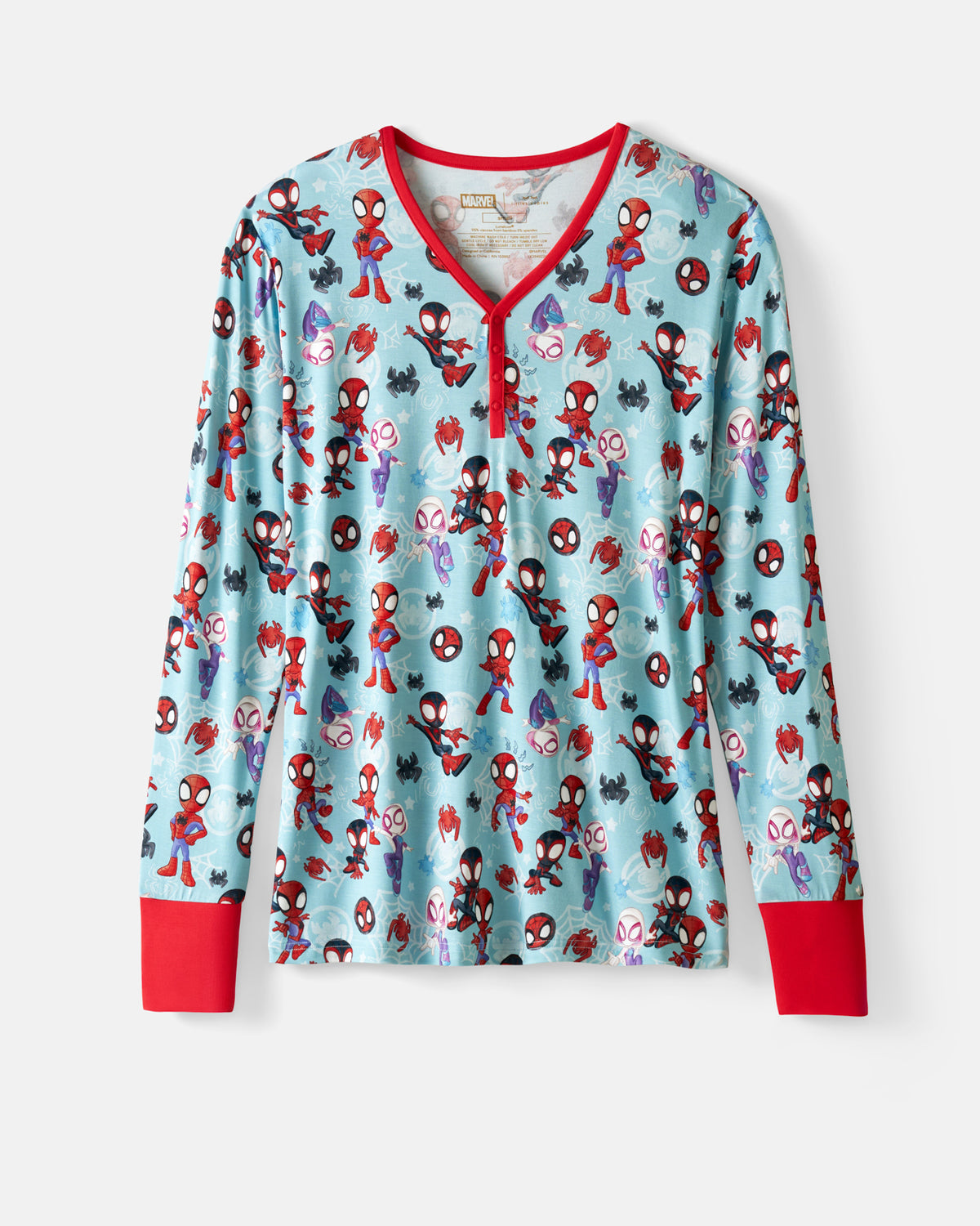 Flat lay of the Spidey & Friends Tiny Webs Women's Long Sleeve Pajama Top