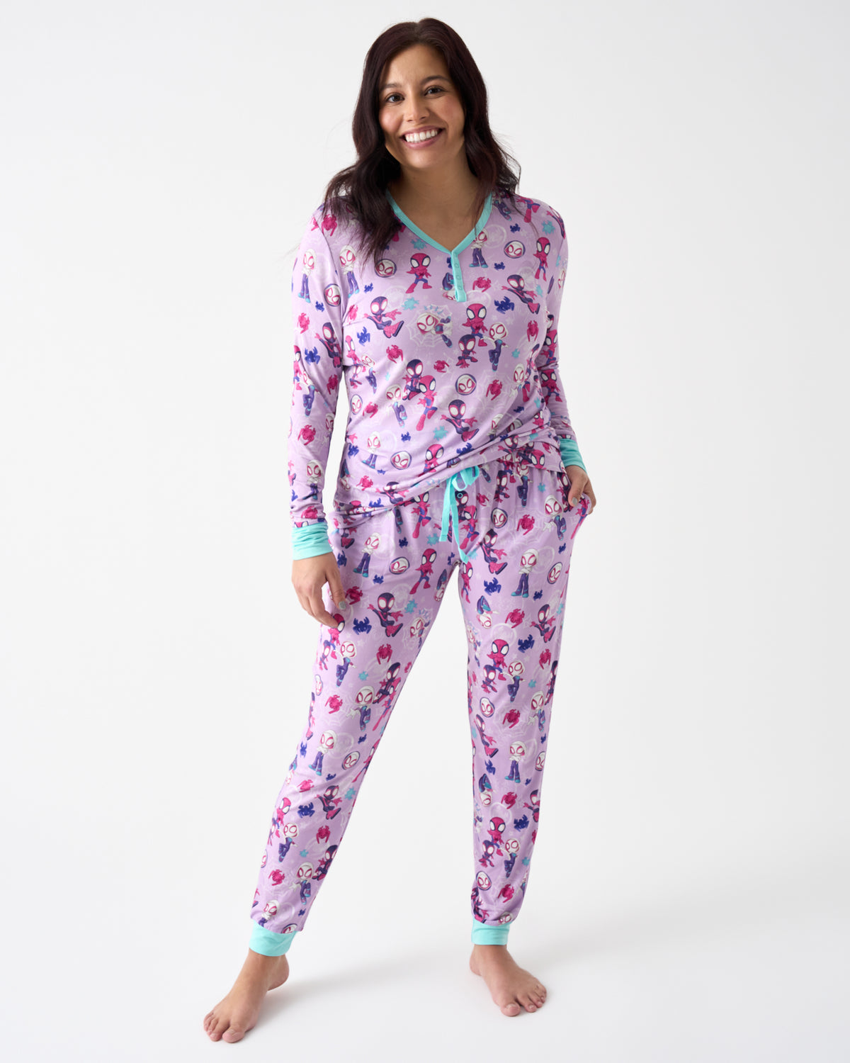 Woman wearing the Spidey & Friends Tiny Webs Women's Pajama Pants and Top