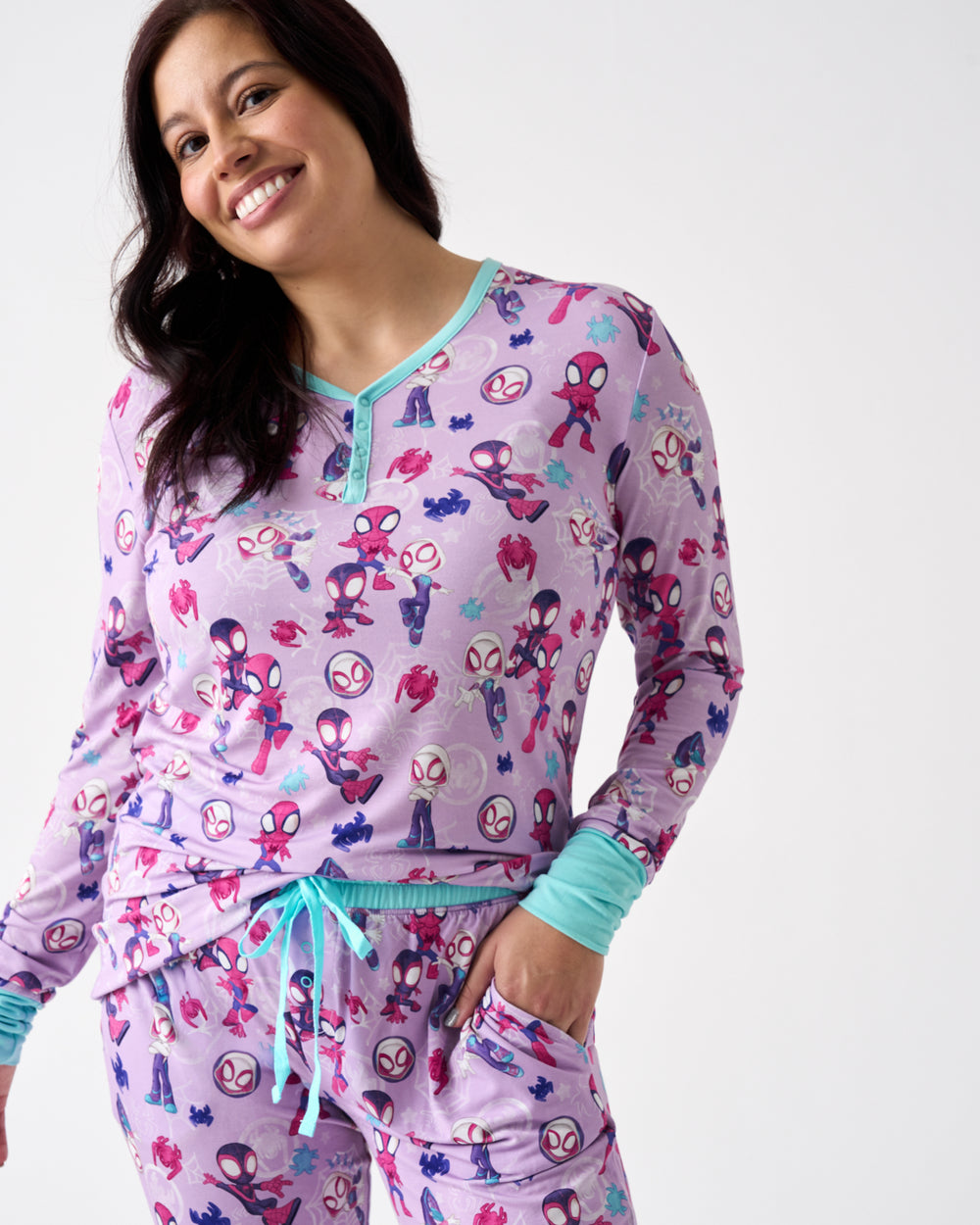 Woman wearing the Purple Spidey & Friends Tiny Webs Women's Long Sleeve Pajama Top