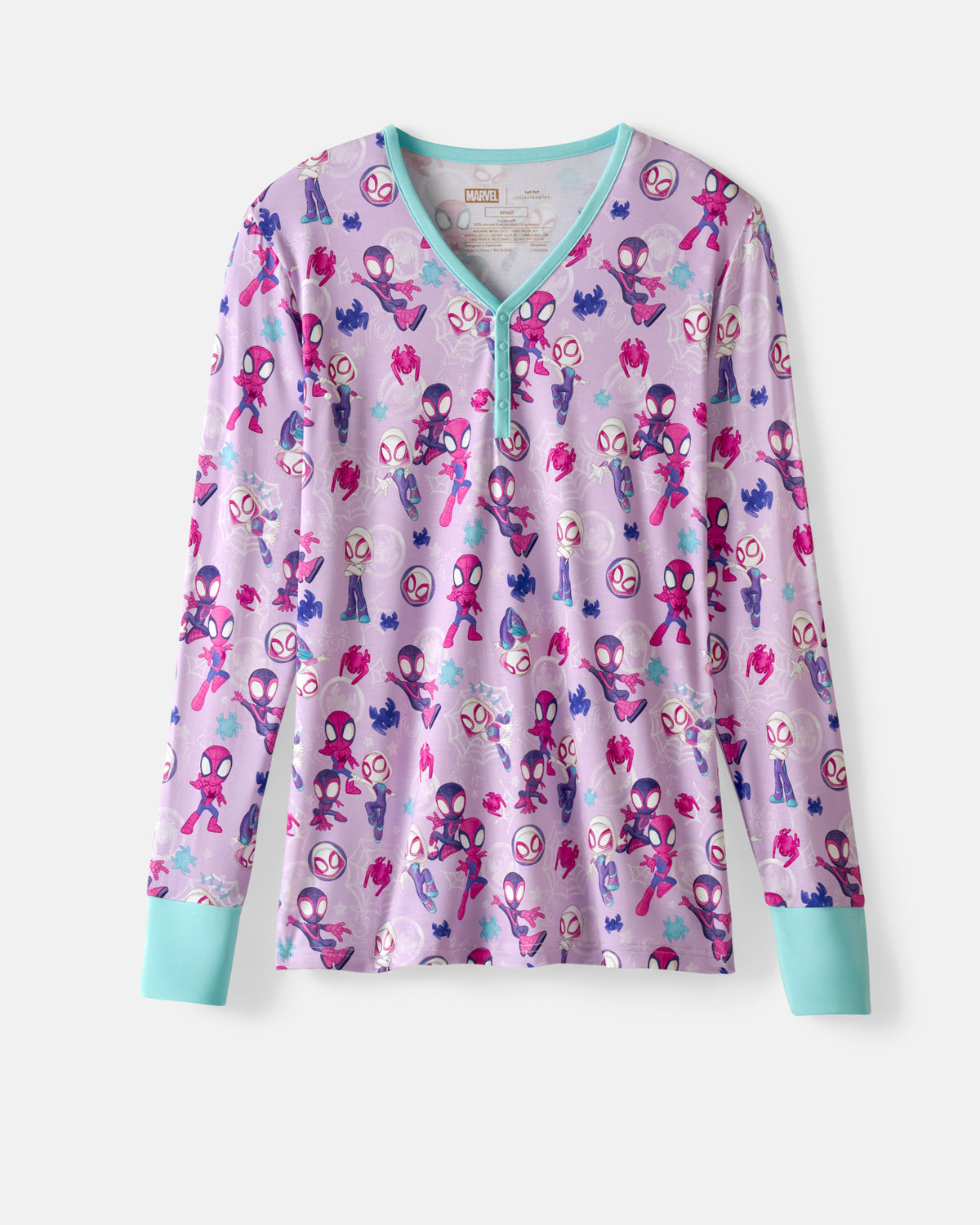 Flat lay of the Spidey & Friends Tiny Webs Women's Long Sleeve Pajama Top