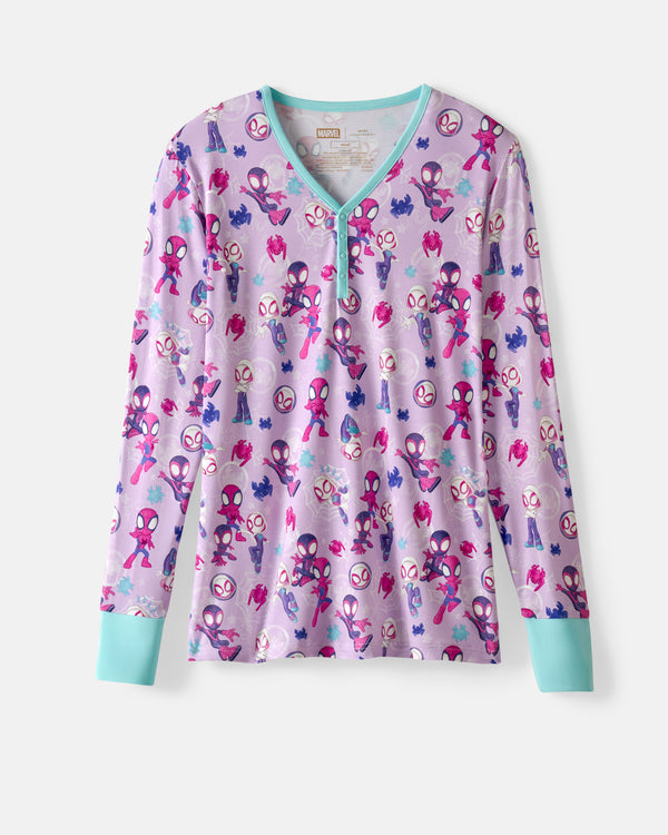 Flat lay of the Spidey & Friends Tiny Webs Women's Long Sleeve Pajama Top