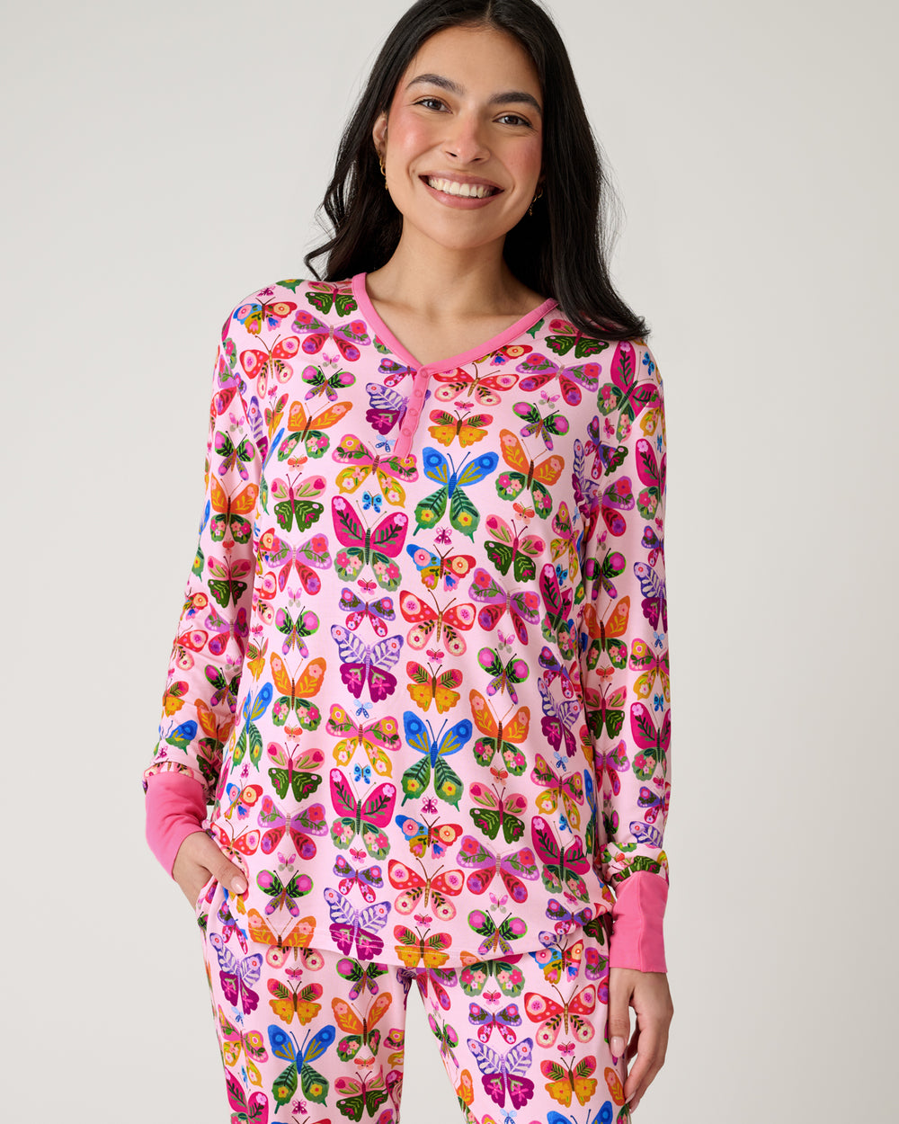 Woman wearing the Flutter Garden Women's Long Sleeve Pajama Top