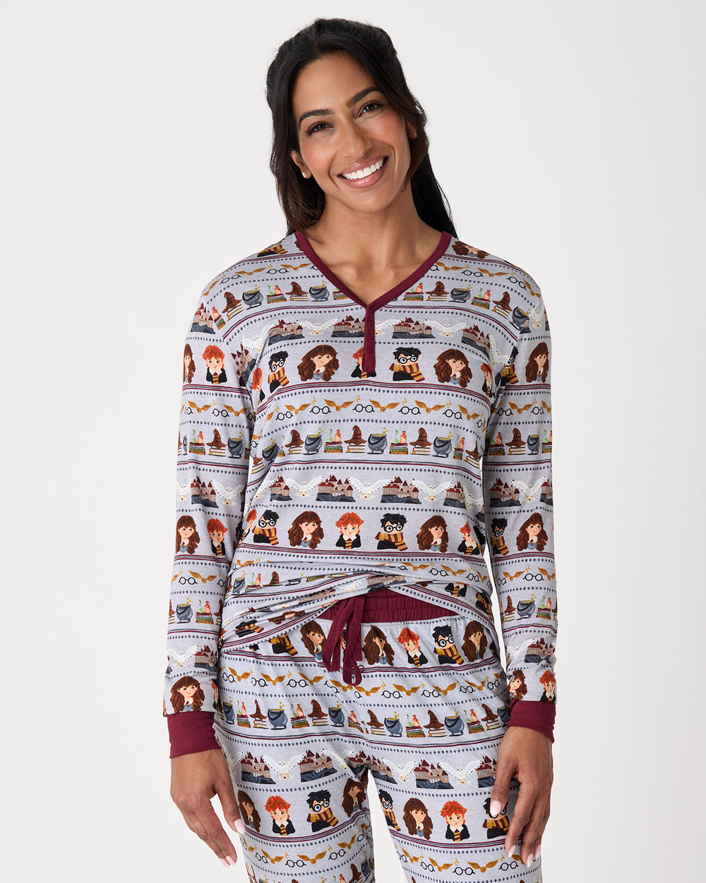 Woman wearing the Harry Potter™ Spellbinding Studies Women's Long Sleeve Pajama Top