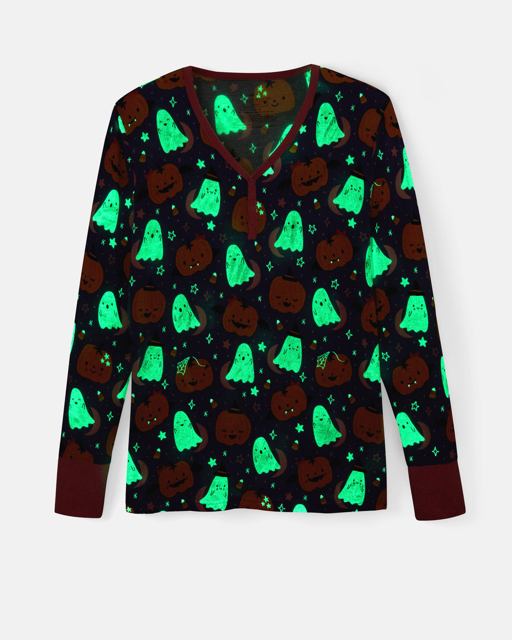 Flat lay of the glow in the dark Moonlit Magic Purple Women's Long Sleeve Pajama Top
