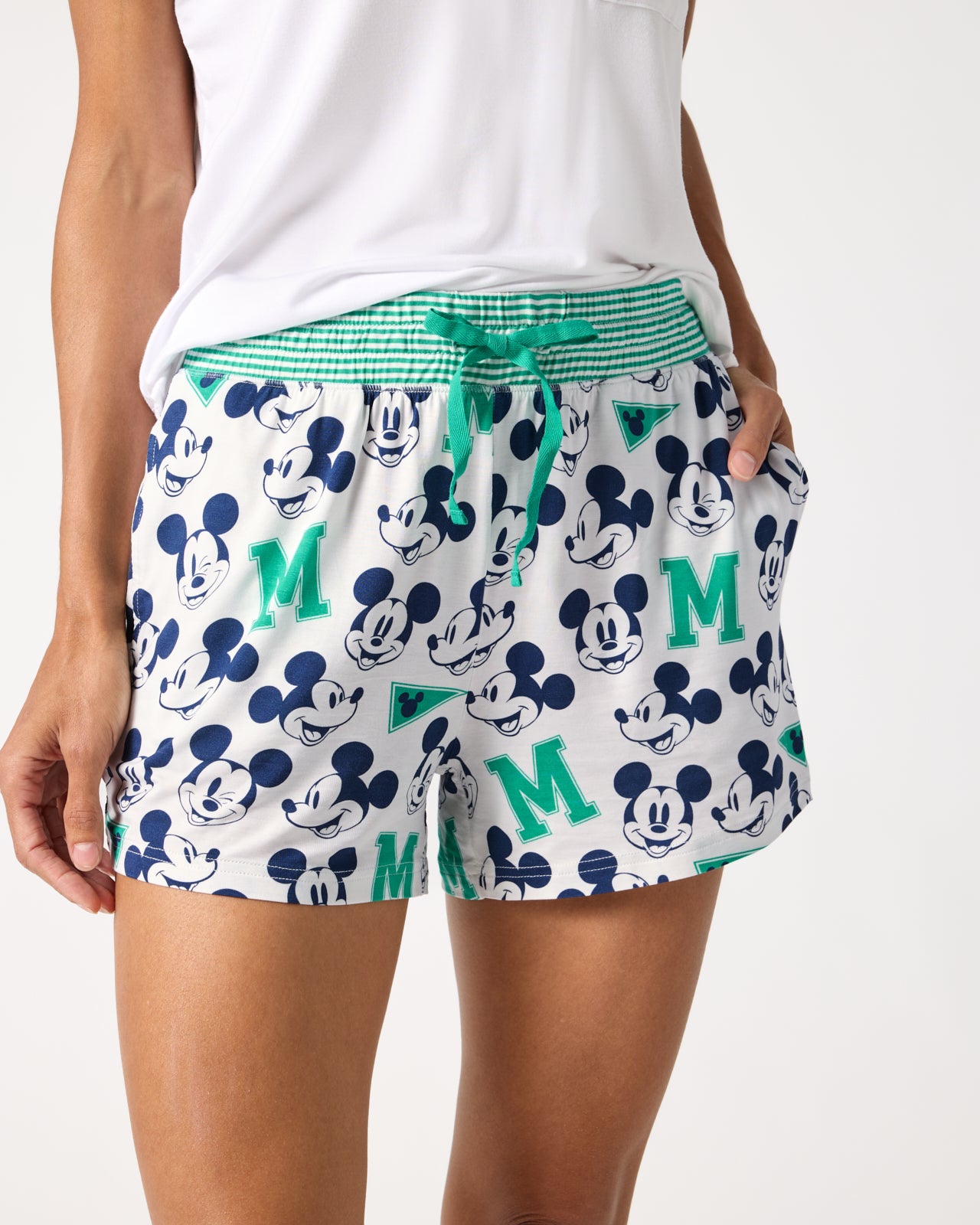Woman wearing the Disney Varsity Mickey Mouse Women's Pajama Shorts