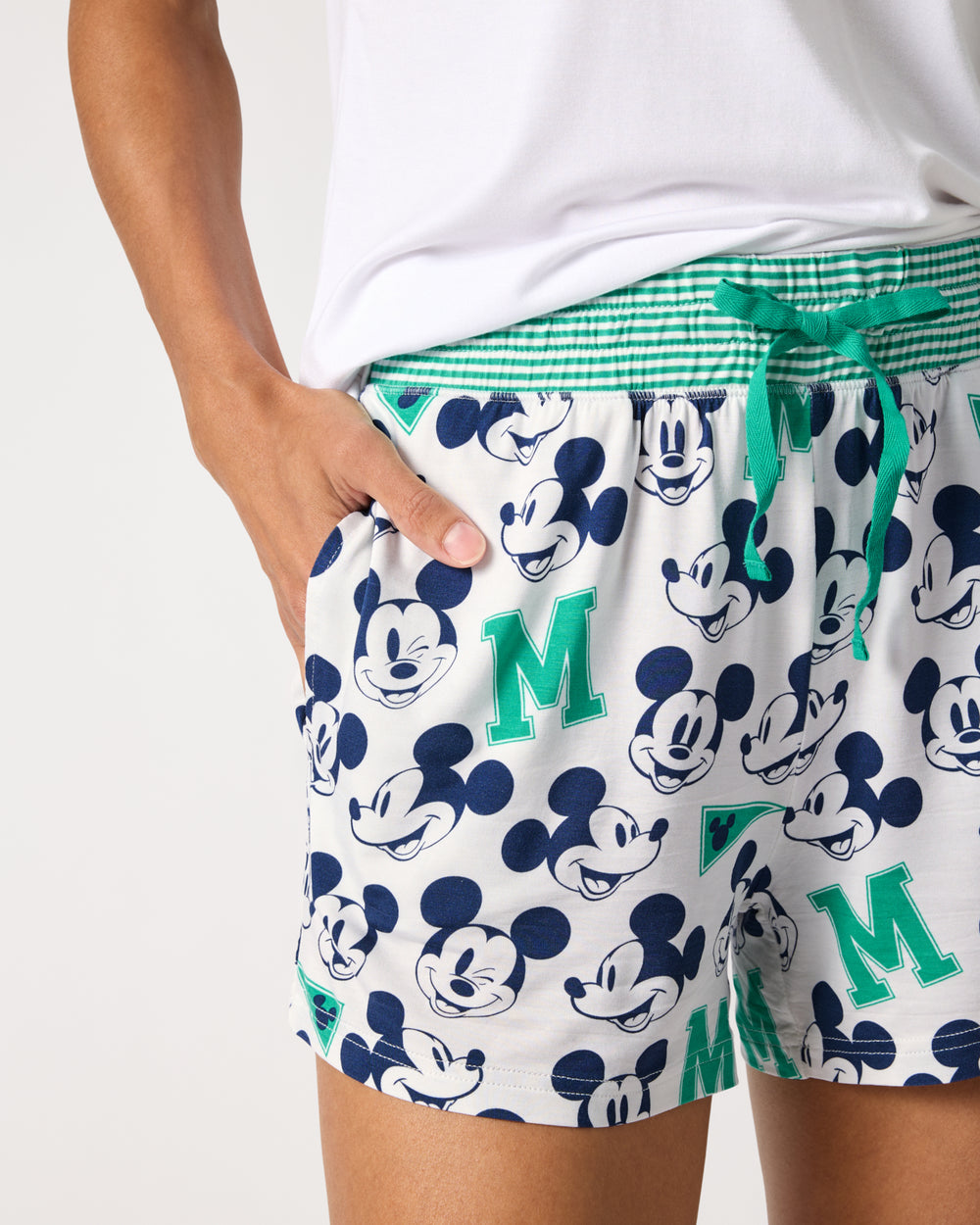 Close up of woman wearing the Disney Varsity Mickey Mouse Women's Pajama Shorts