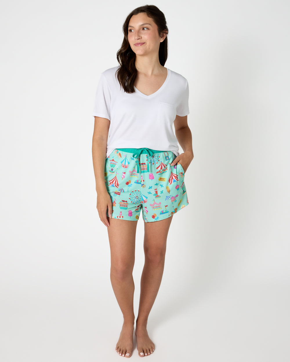 Woman wearing the Fizzy Fair Women's Pajama Shorts with a white top