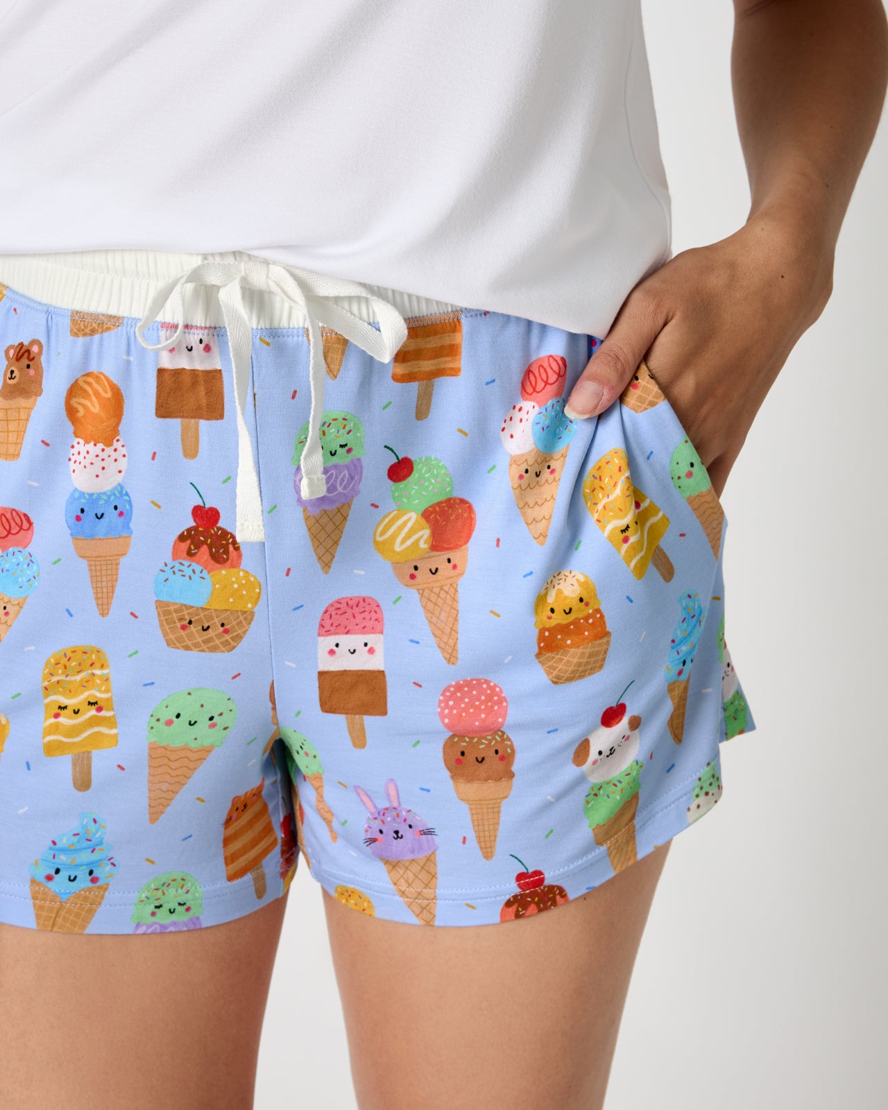 Close up of woman wearing the Scoop Squad Women's Pajama Shorts
